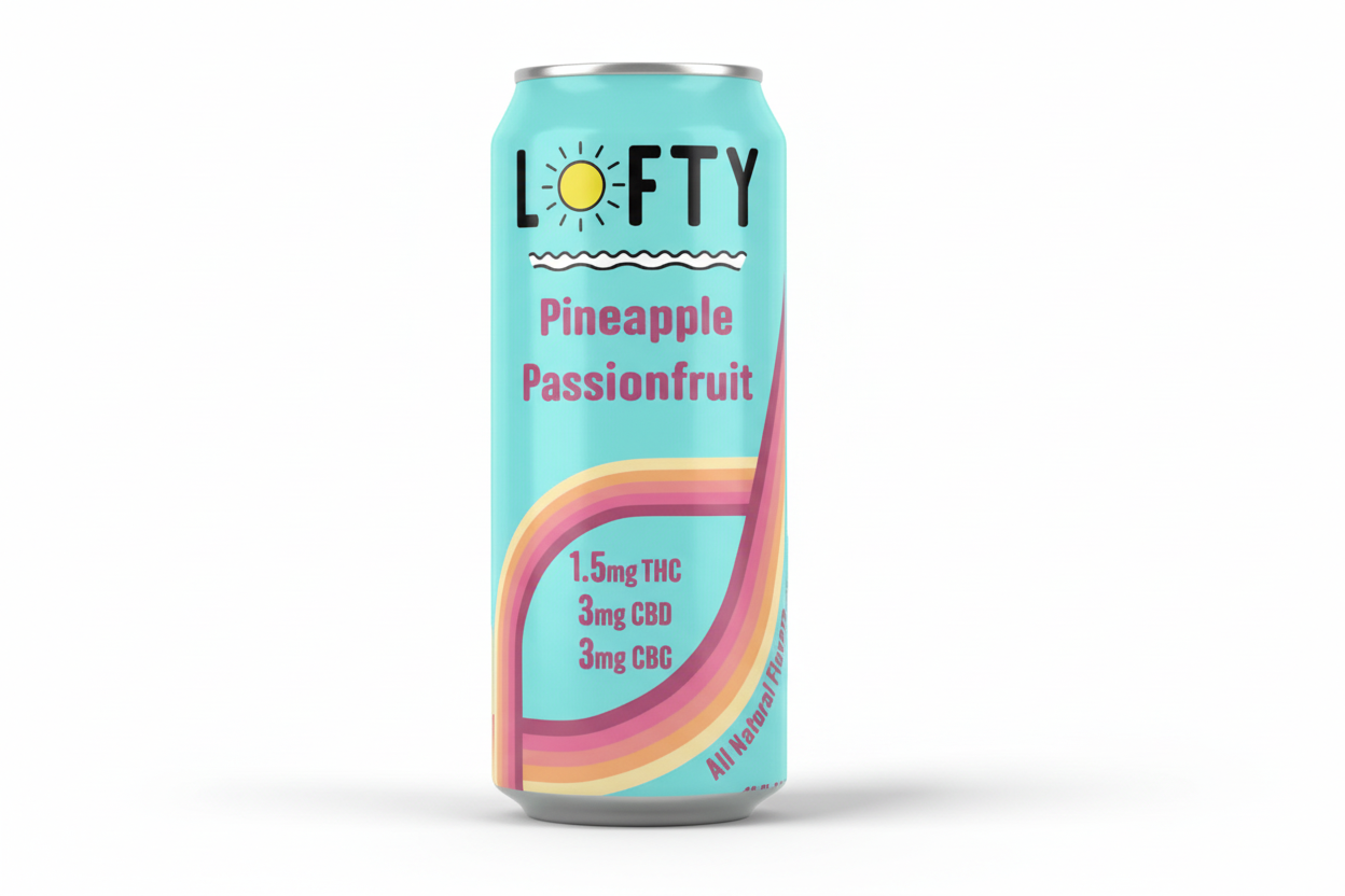 Lofty Pineapple Passionfruit drink can on a light blue background